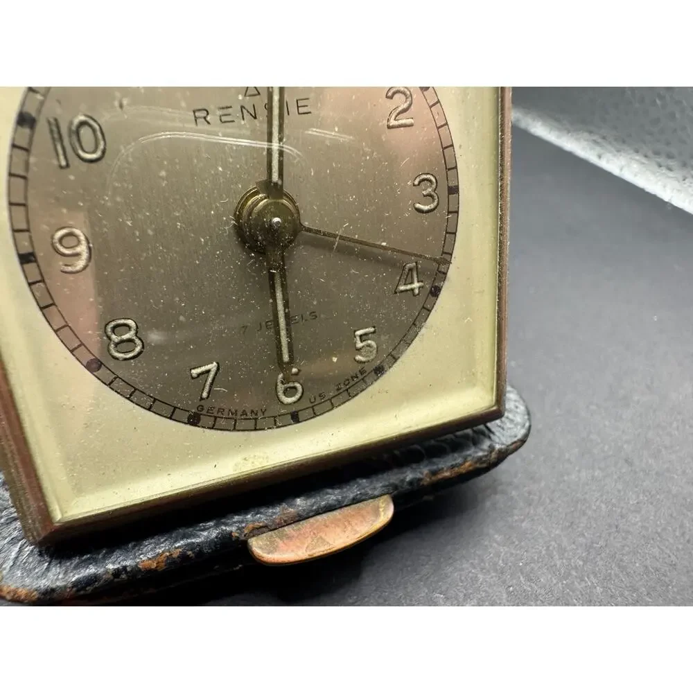 Vintage Rensie Germany Travel Alarm Clock 7 Jewels Genuine Leather Case